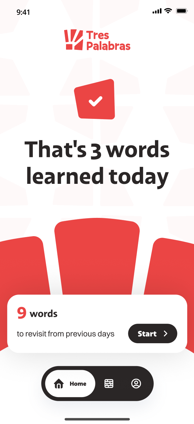 The Tres Palabras app home screen with the daily session complete